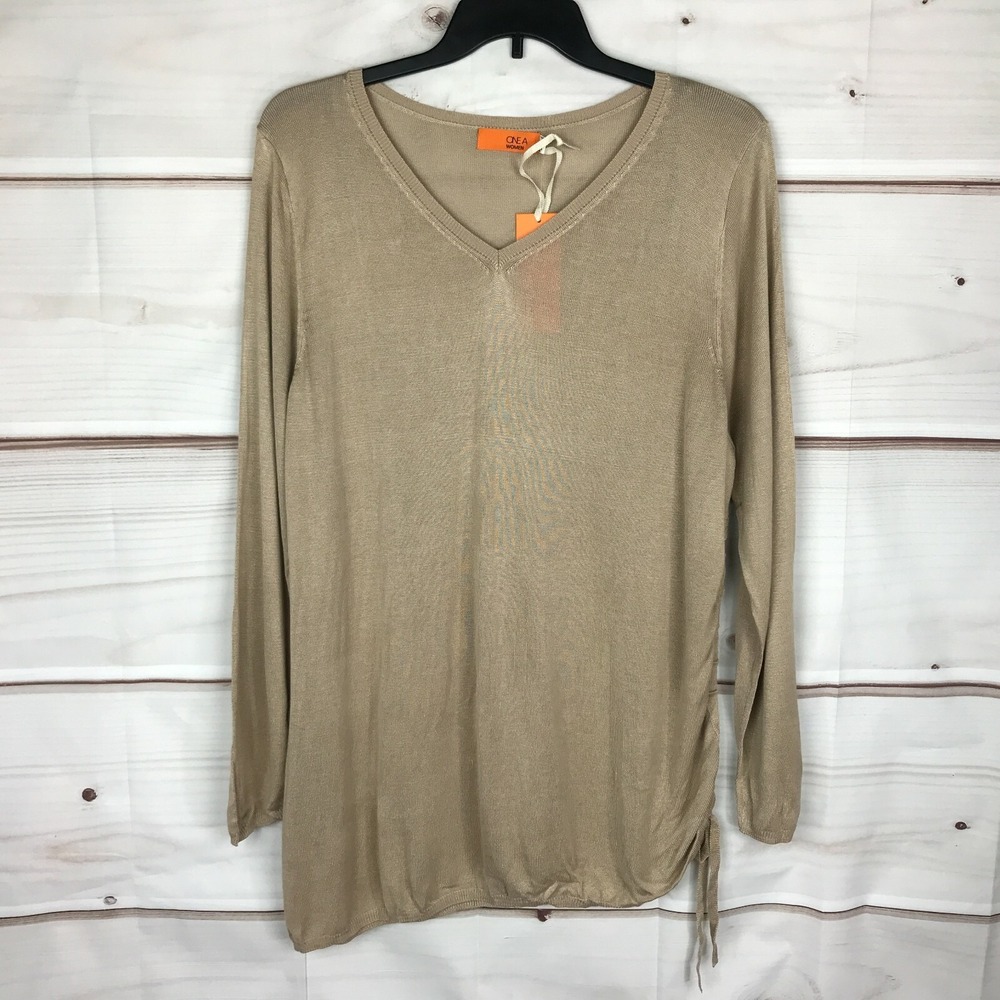 One A Sweater Womens 2X Beige V-Neck Ruched Side Pullover Tunic Solid Rayon Knit